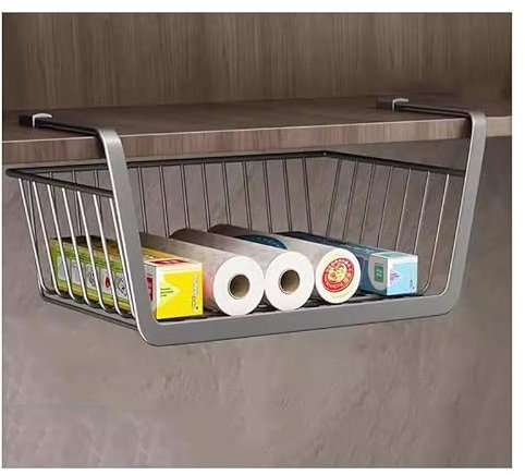 XILYZMO 1 Packung Hängender Aufbewahrungskorb Unter Dem Regal, Mit 4 Haken Korb Organizer, Metall Stapelbar Hängeregal Küche, Speisekammer Schreibtisch Bücherregal Für Küche(Grey)
