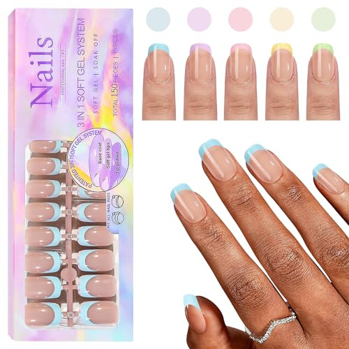 CHANGAR French-gelnagelspetsar, 150 stycken, extra korta, fyrkantiga franska tips för att trycka på naglarna med förapplicerad primer och baslack, ingen fil behövs, konstgjorda naglar för naila