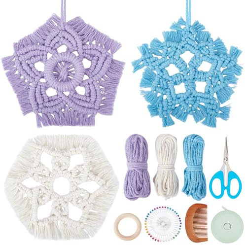 INFUNLY 3 Set DIY Makramee Schneeflocken Set Weihnachtliche Makramee Wanddekoration Farbenfrohe Winter Makramee Schneeflocken Wandbehänge Mit Anleitung Und Video Für Weihnachtsbaumpartys Wohnzimmer He