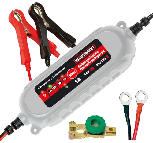 Bundle aus Dino KRAFTPAKET, 1A-6V/12V intelligentes Batterieladegerät, KFZ-Ladegerät, Erhaltungsladegerät, und Batterie Trennschalter Poltrenner Batterietrenner für Motorrad, Scooter, Motorroller