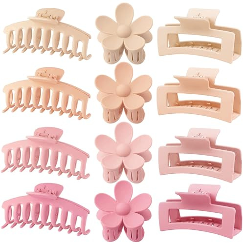 Große Haarklemmen 12 Stück Blumen-Haarklemmen für dickes Haar große Haarklemmen niedliche Haarklemmen 3 Stile Haarklemmen für dünnes Haar Frauen (Rosa, Hellrosa, Khaki, Hellkhaki)