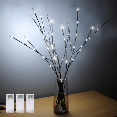 YXYQR 3PCS LED Lighted Branches Lights with Timer Battery Operated, 30 INCH Artificial Willow Brown Branches with White Fairy Lights Vase Decorative Sticks for Home Christmas Party Holiday Home Decor