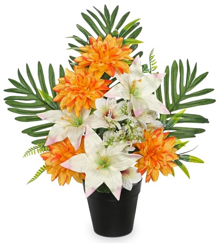 Flores artificiales de cementerio en maceta, arreglos florales funerarios, 48 cm, seda naranja y blanco, flor conmemorativa de dalia para tumbas, cementerio, lápidas, decoración al aire libre