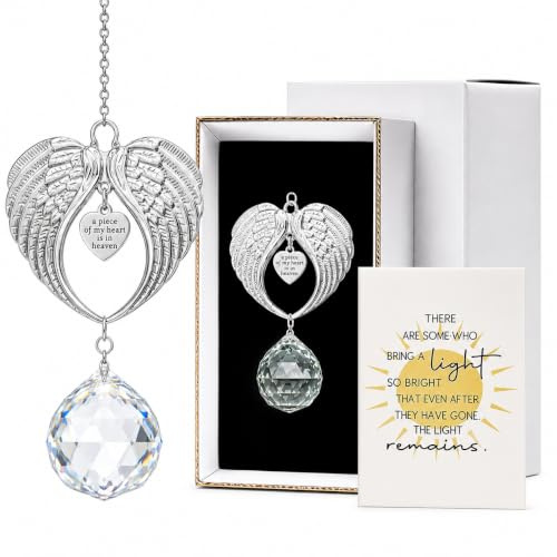 Sun Catcher Memorial Gifts A Piece of My Heart is in Heaven – Sympathy Gift for Loss of Loved One, Crystal Angel Wings Suncatcher for Windows, Bereavement & Grief Gift for Women, Remembrance Decor | Memory Bereavement, Mom Dad Husband Wife Son Daughter Dog, Angel Wings Crystal Window Sun Catcher, Remembrance