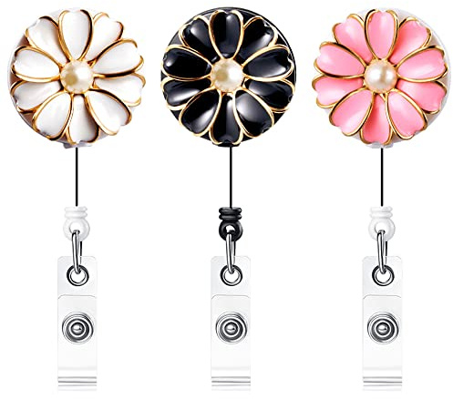 3 Pack Badge Reels Retractable with Pearls, Einziehbare Abzeichen Halter mit Alligator Clip, 24-Zoll einziehbare Schnur, ID Abzeichen Rolle mit Perle (Multiple)