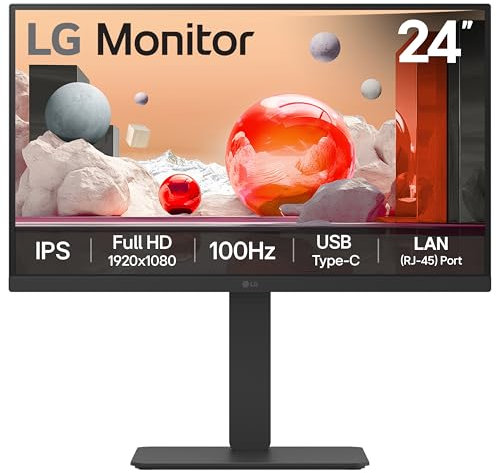 LG Monitor 24BA750 - FHD 1080p IPS 24 inch, 100Hz, 5ms, Office Display, Built-in Power/KVM/Speakers, LAN (RJ45), USB-C, USB Hub, D-Sub, HDMI, DisplayPort, Matte Blac
