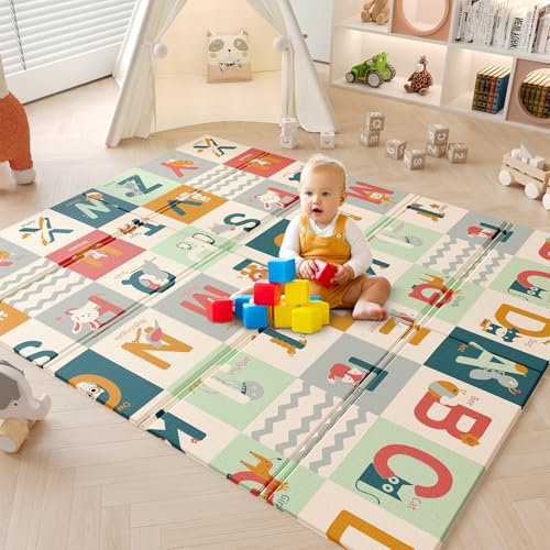 Dripex Baby Play Mat, 177×148×1cm Large Foam Crawling Playmat, Foldable Reversible Waterproof Non Toxic Portable Floor Mat with Letters and Numbers for Baby