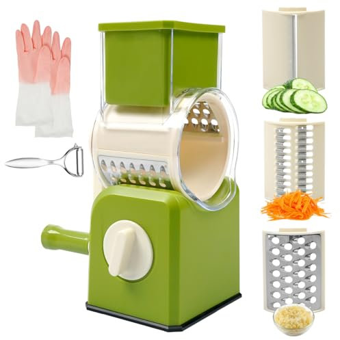 HALNKSZDDD Grattugia per formaggio con manovella, grattugia girevole con manico per la cucina, tagliaverdure con 3 lame intercambiabili in acciaio inox, pelapatate e guanti di gomma (verde)