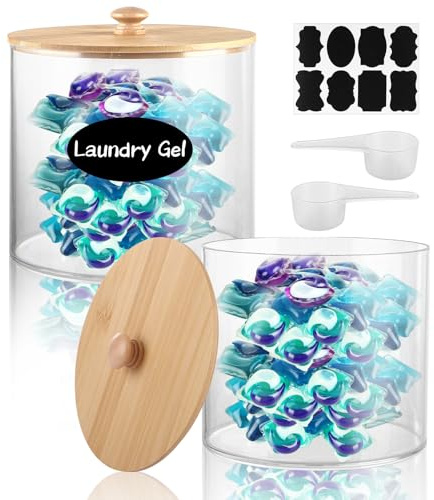 AKOLAFE 2PCS Laundry Pods Storage Container with Labels Plastic Washing Powder Storage Container Laundry Detergent Dispenser with Bamboo Lid for Washing Pods, Bath Bombs, Scent Booster