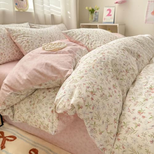 Michorinee Bettwäsche 135x200 Baumwolle Rosa Blumen Grün Blätter Pflanzenmuster Bettbezug Set 2 Teilig Blümchen Blumenmuster Floral Weich Bettwäsche-Sets mit 1 Kissenbezüge 80x80 cm und Reißverschluss