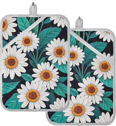 Set di presine da cucina resistenti al calore, alla moda, motivo floreale con margherite, colore bianco foglia di tè, con tasca e cuscinetti caldi per forno da cucina, confezione da 2