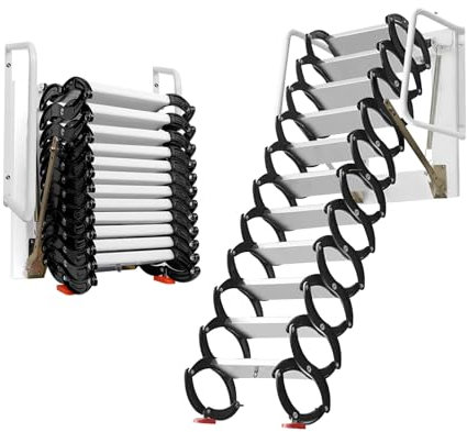 Foldable Pull Down Loft Stairs with Handrails, 12 Steps Wall Mounted Retractable Attic Ladder, Supports Up to 880 lbs for Easy Access to High Spaces