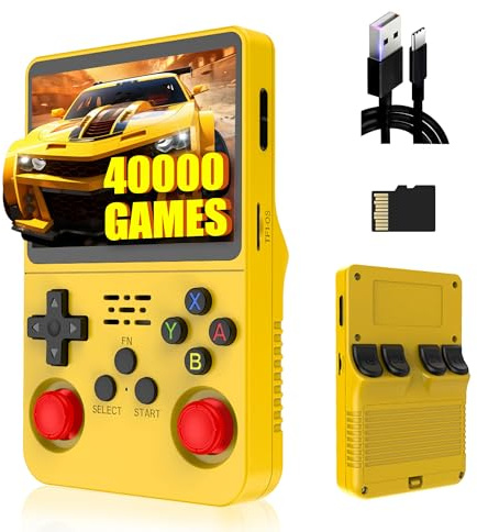 R36S Consola de Juegos 128G,40000+ Juegos Consola Retro Portatil,21 Emuladores,3500mAh,Sistema Linux,Pantalla IPS de 3.5 Reproductor de vídeo,Mini Consola Plug and Play (Amarillo)