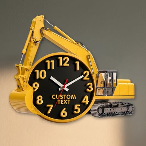 Personalized Excavator Wall Clock,Custom Name Text Excavator Wall Clock for Garage Office Home Bedroom Living Room Bathroom Kitchen Decor，Gift for Kids Men/Boy/Dad/Papa/Husband/Boyfrend,Father's Day