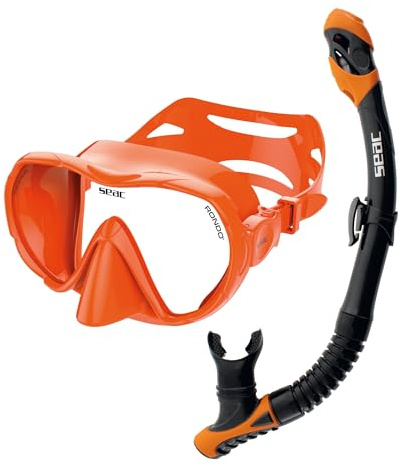 SEAC bis Rondò Set Máscara Frameless Monolente de Vidrio Templado y Tubo Snorkel Dry Top con Válvula de Purga y Boquilla Ergonómica de Silicona, Set Máscara + Tubo, Set Naranja
