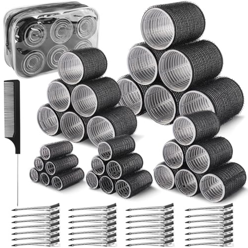 Zosenyer Set di 60 Bigodini, 5 Misure (60/48/40/30/20mm) Bigodini Grandi per Volume con 28 Pinza in Acciaio Inossidabile, Heatless Hair Curler per Capelli Lunghi, Medi e Corti (Nero)