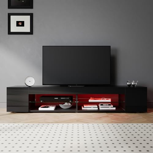 SIRHONA Meuble TV Noir, Meuble Tele avec LED, Éclairage LED RGB avec Couleur réglable, avec Étagères Ouvertes en Verre, 160x39x30cm, Convient pour Salon ou Chambre