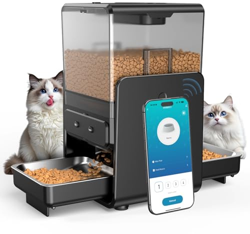 Comedero Gato Automatico con Control App para 2 Gatos, Altura Ajustable para Mascotas Pequeñas, Dispensador Comida Gatos de 5 litros para Alimento Seco, Grabadora de Voz