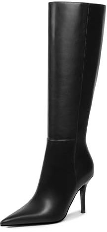 TopWalks Women's Knee High Boots Stiletto Heel Pointed Toe Tall Boots Side Zipper Leather Fashion Long Boots Black 7