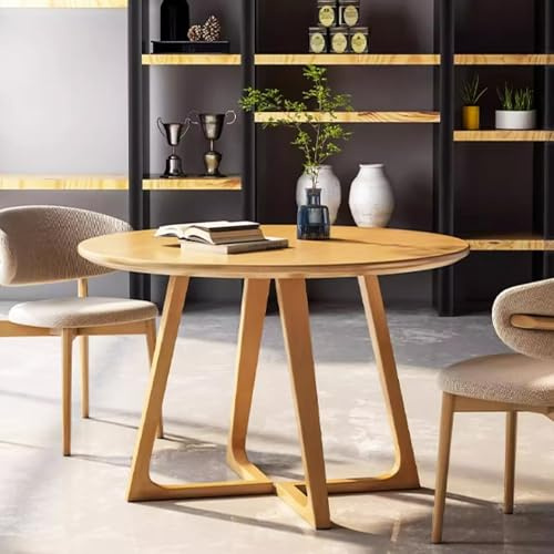 Tavolo da pranzo rotondo in legno massello moderno di metà secolo, design rustico con piedistallo, perfetto per piccoli spazi, 2-4 posti, ideale per cucina e sala da pranzo
