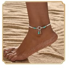 Dishowme Bracelet de cheville en perles turquoises - Style bohème - Perles de rocaille élastiques - Chaîne de cheville - Pour l'été - Plage - Pieds nus - Sandales - Bijoux pour femme, taille unique