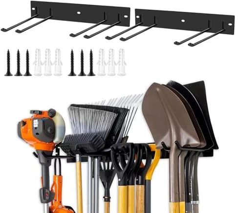 KAHCOP Gartengerätehalter, Metall-Gerätehalter Wandhalterung 100kg Tragkraft mit 4 Doppelhaken & 2 Paneele – Aufhängung für Gartenwerkzeug in Garage, Garten, Keller, Schwarz