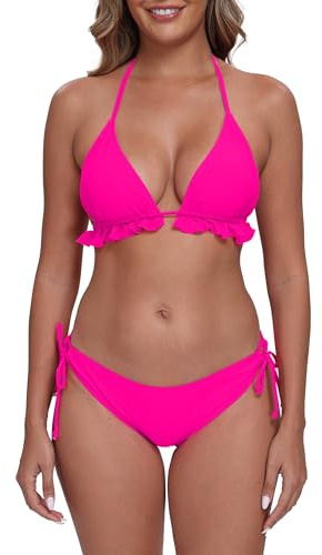 Halcurt Triangel Bikini Damen Set Neckholder Zweiteiliger Badeanzug S-XL | Rüsche Bikini Oberteil, Verstellbare Seitlicher Schnürung Bikinihose, Herausnehmbare Brustpolster, Schnell Trocknend