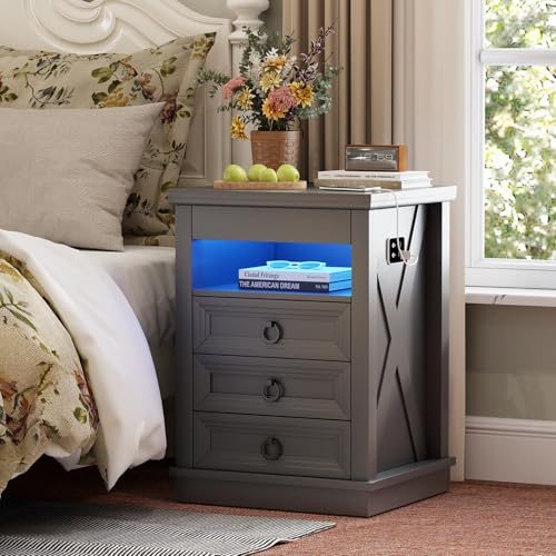 Gurexl LED Retro Nightstand with Hidden Drawer and Human Body Sensor,Grey | End table with charging station and 4 drawers ,Smart bedside table with Open compartment for bedroom