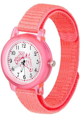 Brecjon Kinderuhr Mädchen Pferdeuhr Armbanduhr Klettarmband analog | Pferdeuhr für Mädchen mit Sunray-Zifferblatt, Pferdekopf-Silhouette, Leuchtzeigern und weichen Klettarmbändern.