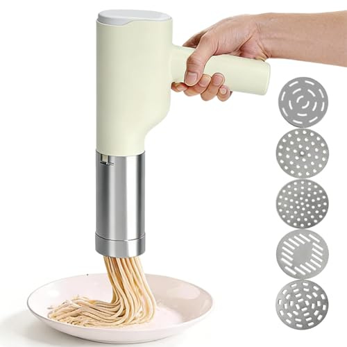 Machine à pâtes électrique portable, machine à pâtes automatique rechargeable avec 5 moules en acier inoxydable et gobelet doseur 20s de pâtes rapides pour nouilles faites maison, spaghetti, macaronis