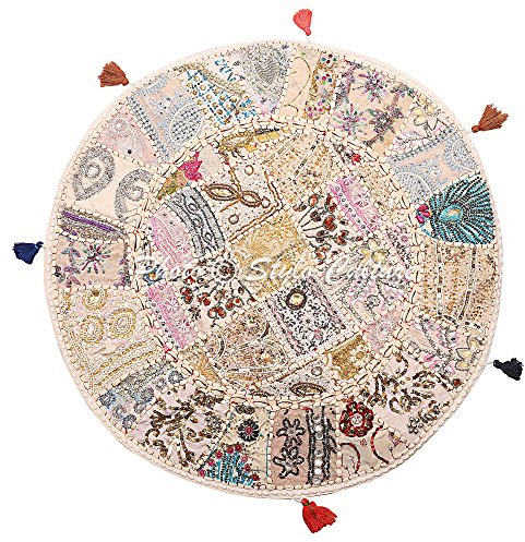 Stylo Culture Indisch Dekorativ Rund Bodensitzkissen 70 x 70 cm Groß Bodenkissen Patchwork Traditionell Weiß Boho Patchwork Sitzsack Bodenkissen Baumwolle Bestickt Boden Sitzkissen Garten