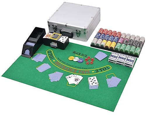 vidaXL Poker/Blackjack Set in Aluminium Case - All-inclusive, Portable Casino Game Set with 600 Laser Chips, Multicoloured, Ideal for Group Gatherings