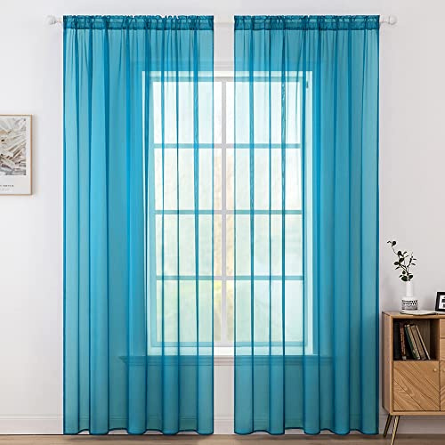 MIULEE Vorhänge Gardinen, Stangendurchzug Blau-Türkis, 2er Set 245x140cm | Transparente Gardine aus Voile, Luftig Leicht, Einfarbig Dekoschal für Wohnzimmer & Schlafzimmer