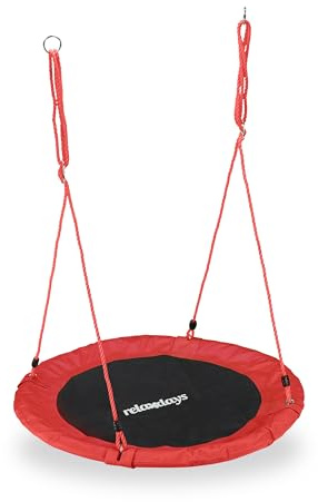 Relaxdays Unisex – vuxna, röd boggunga, utomhusgunga för barn, Ø 110 cm, upp till 100 kg, rund, trädgårdstallriksgunga, H x D: ca 5 x 110 cm