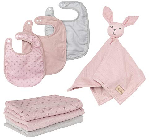 roba Geschenkset Baby Essentials 'Lil Planet' - Lätzchen Set, Schmusetuch, Textilwindeln - Geschenk zur Geburt - Bio-Baumwolle GOTS - Rosa / Mauve