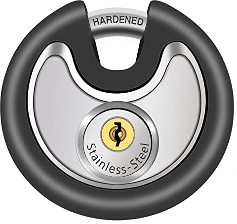 DAYGOS Padlocks with 3 Keys Outdoor, [Weatherproof] 70mm Stainless Steel Disc Locks with Rubber Bumper, Heavy Duty Pad Lock with 9.5mm Shackle for Shed, Gate, Fence, Garage, Gym Locker (Black)