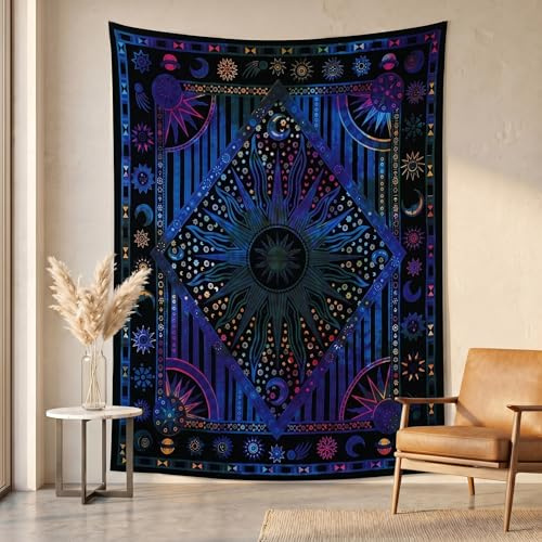 THE ART BOX Indie Wandteppich Baumwolle Mandala Wandbehang Deko Teppich Aesthetic Room Decor Dekoration Wohnzimmer Indische Tücher Schlafzimmer Deko, Blaues Neon Neon, 135x210 Cm