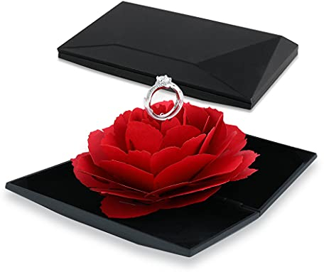 iSuperb Rose Boîte de Bague Pop Up Fleur Boîte à Bijoux et Présentoirs Ring Gift Box Fiançailles Ringbox Coffrets Cadeaux pour Saint Valentin Anniversaire (Noir)