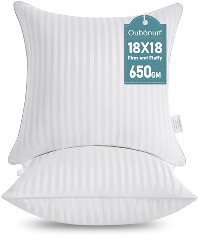 Oubonun 18 x 18 Throw Pillow Inserts, Firm and Fluffy Decorative Square Pillows for Couch Bed Sofa with Soft Cotton Cover White Cushion with Down Alternative Pack of 2