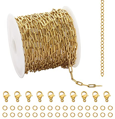 UMAOKANG 16,4 fot guld rostfritt stål kedjor bulk kabel pappersklippe halsband kedjor länk rulle med bindringar hummerlås förlängningskedja för smyckestillverkning