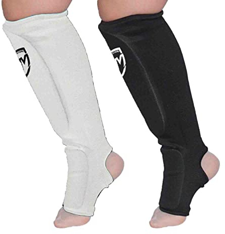 RingMaster Elastic Shin Instep Pads Leg Foot Guard Kickboxing Karate MMA Thai Martial Arts Training (Pair) (Large, White)