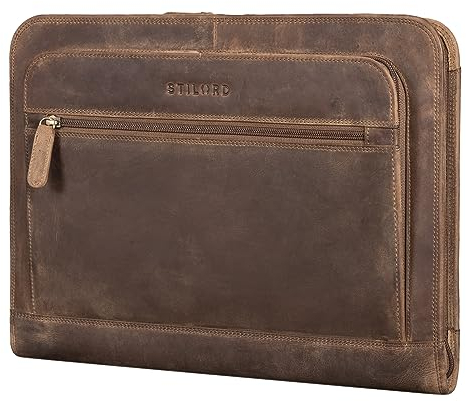 STILORD 'Elton' Dokumententasche Leder Konferenzmappe A4 Schreibmappe 13,3 Zoll Aktenmappe Große Dokumentenmappe mit Reißverschluss Vintage Echtleder, Farbe:mittel - braun