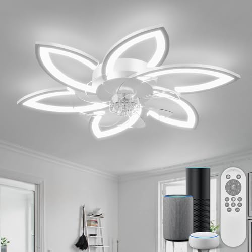 YUNLONG Smart Deckenventilator mit Beleuchtung Dimmbar, Kompatibel mit Alexa (Bluetooth, kein WLAN erforderlich), Leise Deckenleuchte mit Ventilator im Blumen design inkl. Fernbedienung, Weiß