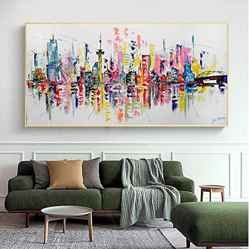 SXKJ Cuadros abstractos coloridos de la ciudad, pintura en lienzo, carteles de paisaje e impresiones, arte de pared para sala de estar, decoración del hogar, 80x160cm sin marco