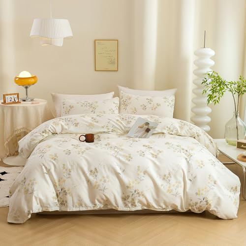 ECOCOTT Vintage Wash Painting Floral Duvet Cover Sets King Size,3 Pieces 100% Natural Cotton 1 Duvet Cover with Zipper and 2 Pillowcases, Ultra Soft and Easy Care Breathable Cozy Bedding Set