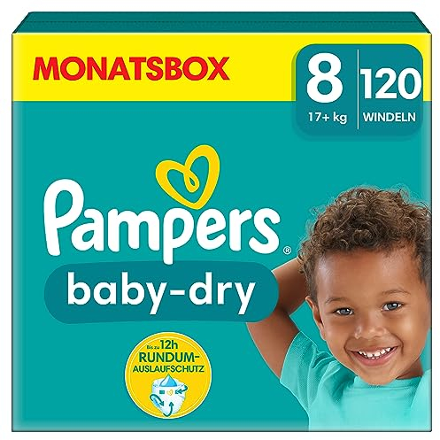 Pampers Pannolini taglia 8 (17 kg+) Baby-Dry, extra large, confezione mensile, fino a 12 ore, protezione completa contro le perdite, confezione da 120 pezzi