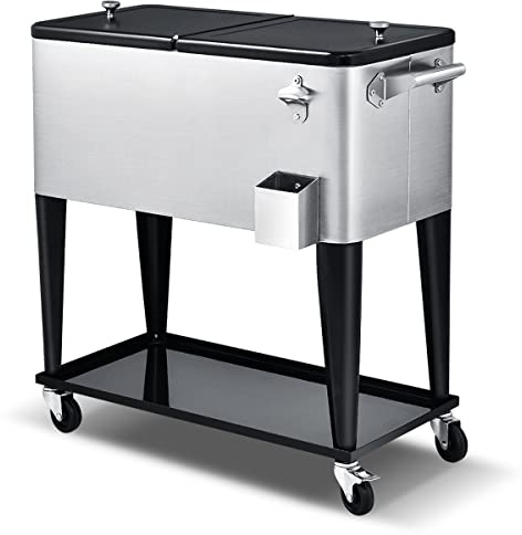 COSTWAY 80-Quart Rolling Ice Chest, Stainless Steel Beverage Cooler Cart with Wheels, Bottle Opener & Drainage Hole, Bar Party Drink Ice Bucket Trolley(Silver, with Shelf)