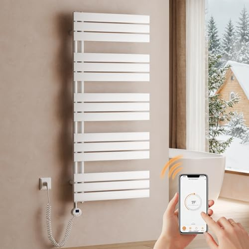 S'AFIELINA Badheizkörper elektrisch Thermostat 1320×600mm Weiß 800W | Handtuchheizkörper mit WiFi, programmierbarer Timer, LCD, Flachrohr, Handtuchwärmer elektrisch für Badezimmer