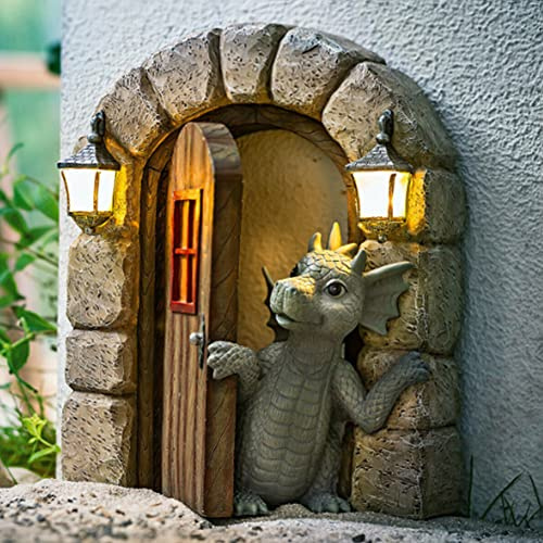 Hilai Escultura de dragón para patio, decoración de pared, estatuas de dragón, escultura de dinosaurio, dinosaurio de hada de resina para decoración de árbol, estatua de dragón de jardín (puerta)