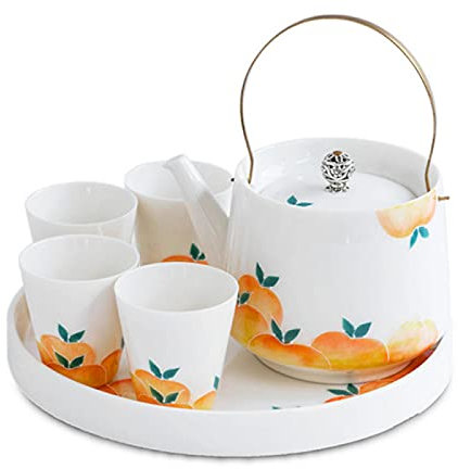 Juego de Tazas de Té Pequeñas de Porcelana Juego de Tazas de Tetera de Melocotón Linda de 220 ml, con 6 Tazas de Té 44 ml Decoración
